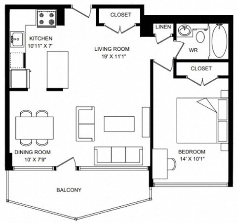 Floor plan for 1 bed, 1 bath, 665 sqft